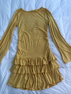 Women’s Mustard Ruffle Hem Long-Sleeve Dress